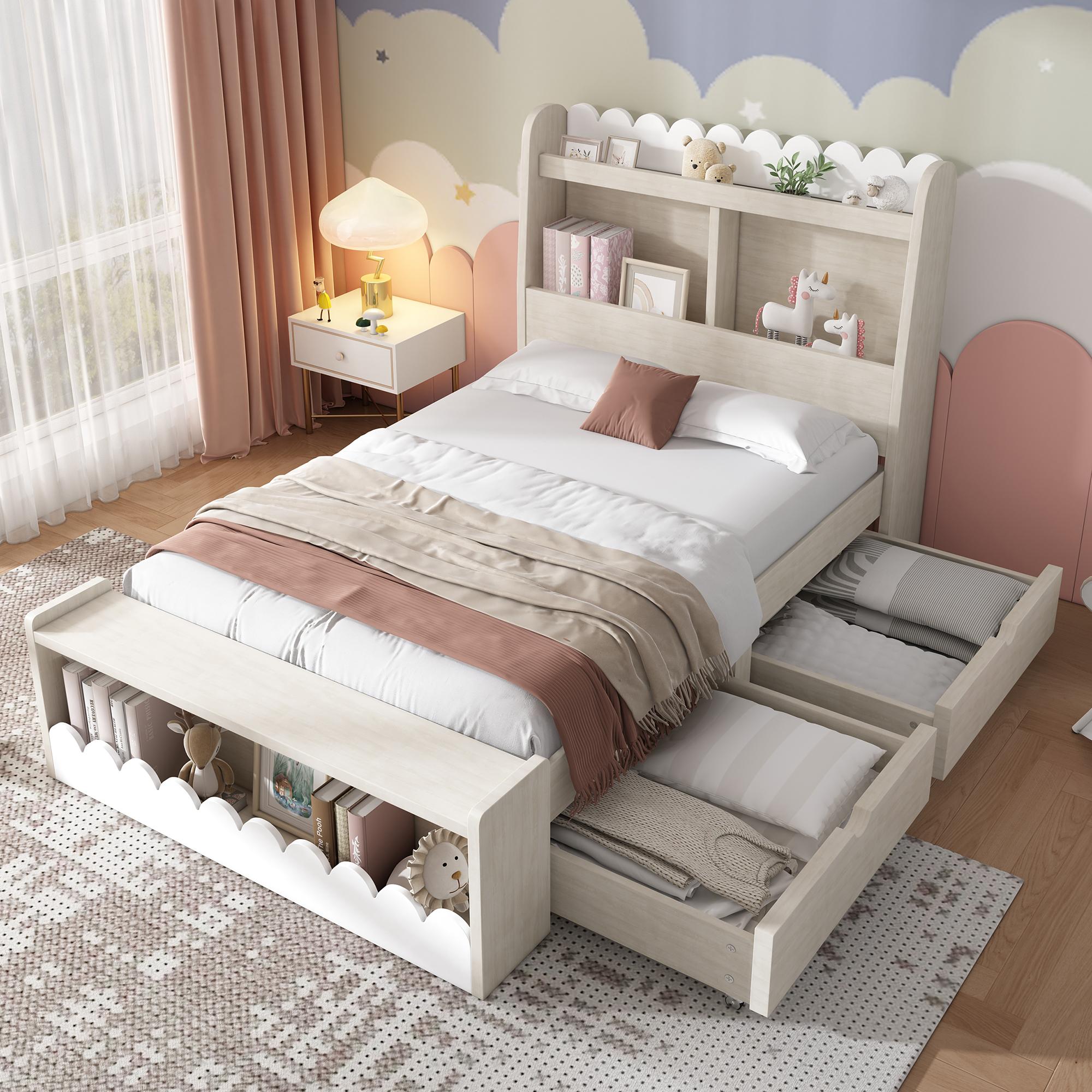 Kinderbett 90x200cm mit Ablage Bank und 2 Schubladen, gepolstertes Einzelbett mit Lattenrost, Ausführung in weißer Eiche