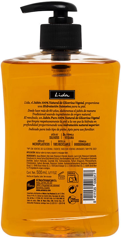 Lida Jabón 100% Natural manos glicerina 500 ml