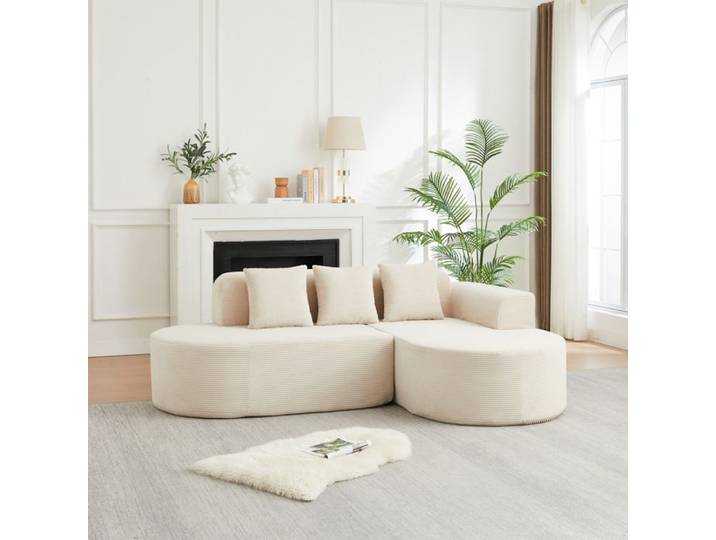ULEVR Canapé d'angle modulable en cord beige 220 cm 3 coussins sans montage design moderne