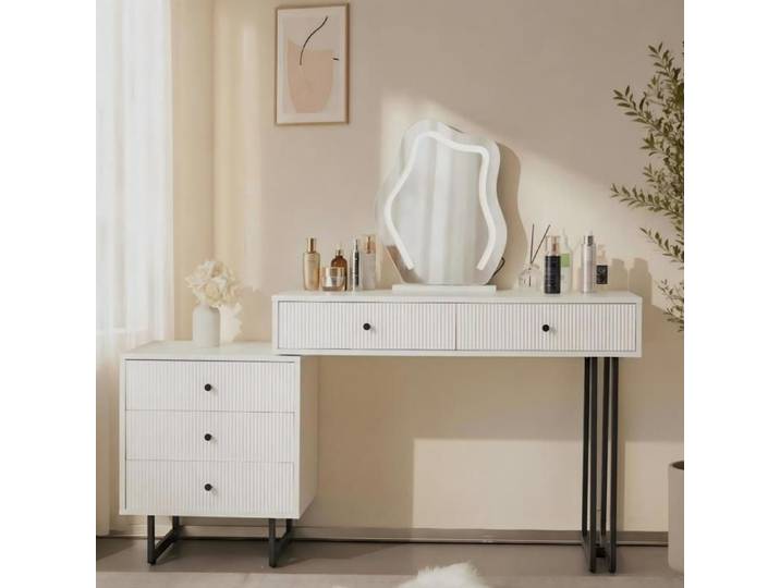 Coiffeuse 100x40x76cm avec miroir LED 3 couleurs plateau extensible 5 tiroirs caisson modulable métal noir blanc sans tabouret