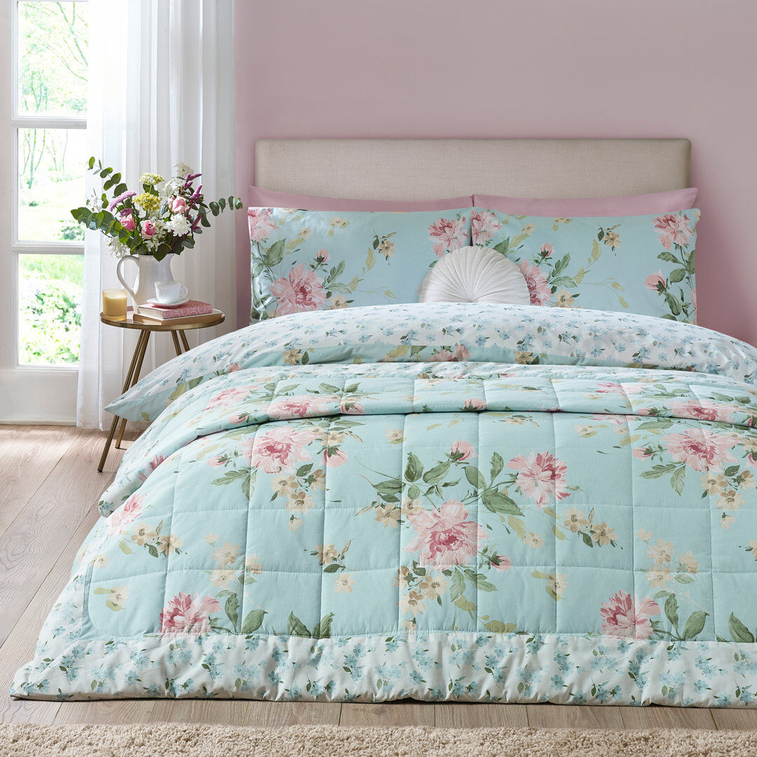 Catherine Lansfield Avebury Floral Reversible Quilted Bedspread Duck Egg Blue