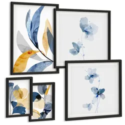 BILDER SET 5er Set - 50x50 cm & 20x30 cm & 40x60 cm Schwarzer Rahmen - Aquarell-Pflanzenmotive