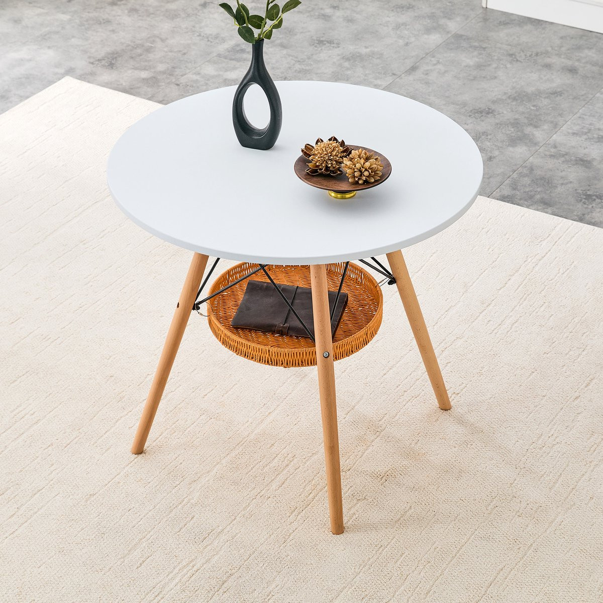 MEUNIQ ronde eettafel met wit MDF tafelblad en houten poten, Diameter: 80 cm