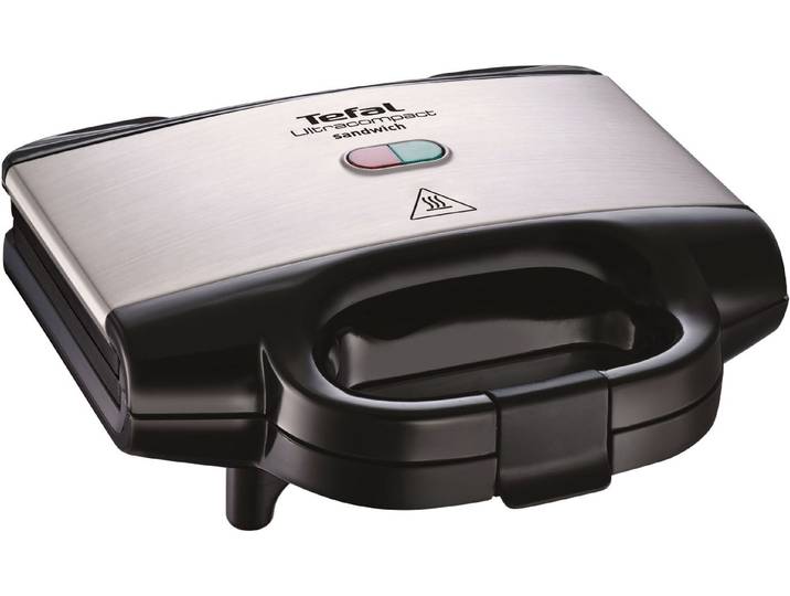 TEFAL Sandwichmaker Ultracompact, einfache Reinigung, Verriegelungstaste, isolierter Griff , schwarz (edelstahl, schwarz), B:26,5cm H:12cm T:26cm, Sandwichmaker, kompakte Aufbewahrung, Maße: 26,5 x 26 x 12 cm, SM1552, Sandwichmaker