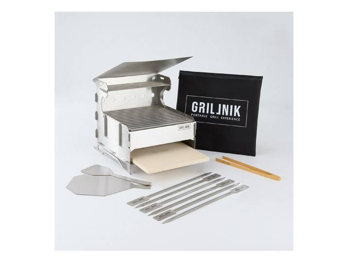 GRILLNIK Holzkohlegrill Edelstahlgrill Pro 30×30 cm–Outdoorgrill mit Ofenfunktion & Pizzastein, Kompakt, robust, modular – Pizzastein inklusive