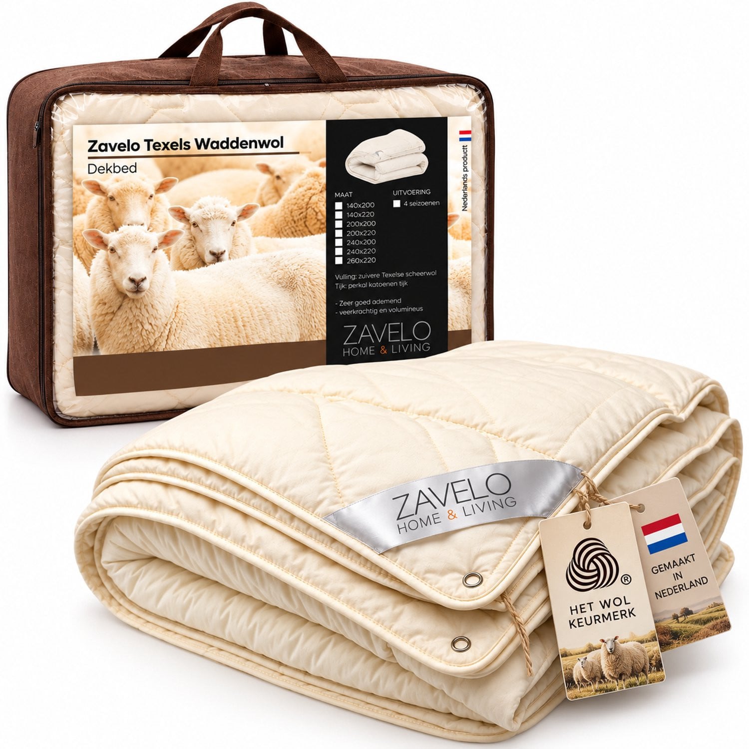 Zavelo Texels 4-Seizoenen Dekbed Comfort Eenpersoons met Nieuwe Wol 140x220 cm