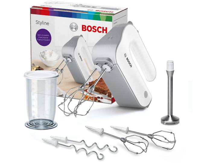 BOSCH Handmixer Styline MFQ4075DE, 2x Rührbesen, Knethaken Edelst., Mixfuß, weiß , weiß, B:20cm H:14,2cm T:7,5cm, Mixer, 5 Stufen, Turbotaste, Mixbecher, Made in Europe, Handmixer