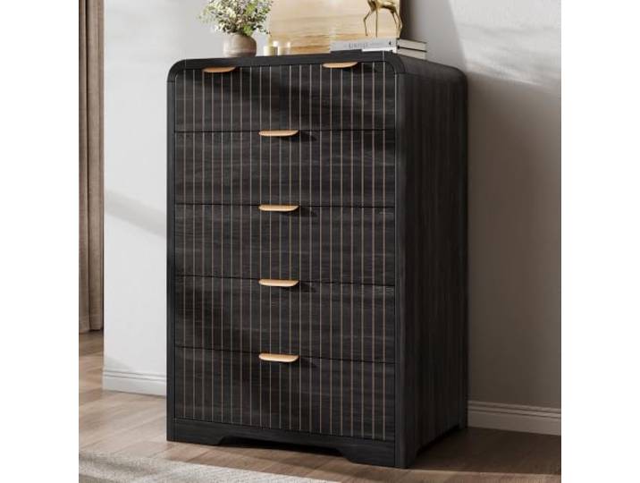 Schwarz Kommode mit 6 Schubladen, Moderne Holz kommode für Das Schlafzimmer Aufbewahrungsschrank mit Tiefen Schubladen, für Wohnzimmer und Flur, Kommode mit Geschwungenem Profil und Kannelierte Front