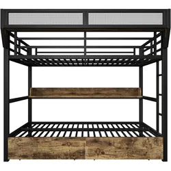 MODFU Etagenbett Metall/MDF Schwarz 140x200 cm mit LED-Licht, 2 Schubladen, Regal und Aufbewahrungskorb