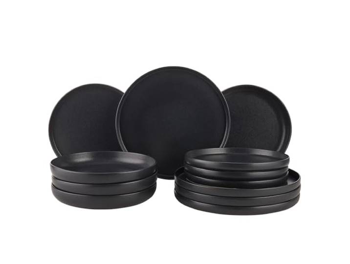 BUTLERS 12-tlg. Kombiservice für 4 Personen Steinzeug - CASA NOVA - Farbe Schwarz - Mit Pastatellern & Speisetellern - Spülmaschinenfest & mikrowellengeeignet - Steinzeug mit reaktiver Glasur
