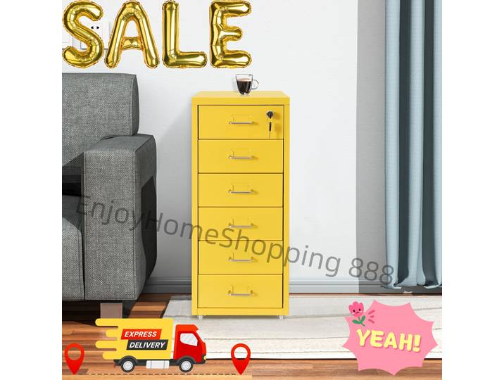 Armoire à dossiers à 6 niveaux, armoire de classement en métal, armoire à dossiers verticale jaune avec serrure, roulettes, rangement mobile pour organiser les documents