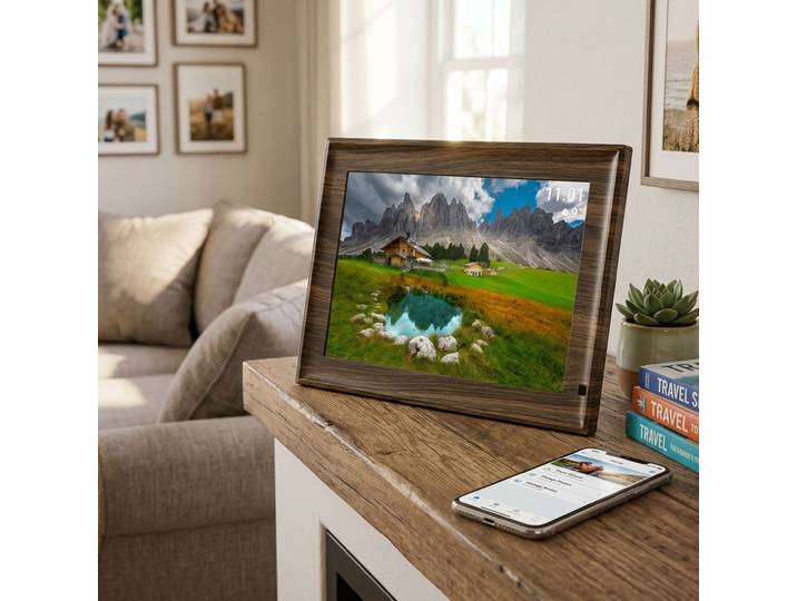 Digitaler Bilderrahmen in edler Holzoptik mit App-Steuerung & weltweitem Bild-Upload
