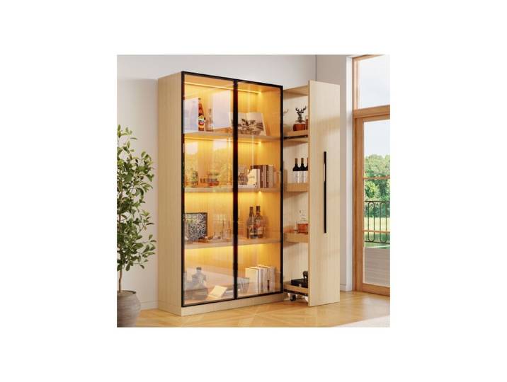 Armoire multifonction 160cm porte vitrée LED tiroir latéral style contemporain MEUBLE A CASIER