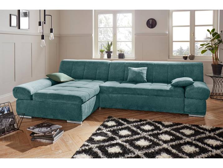 Ecksofa, Blau, 297x173 cm, Struktur Fein 100% Polyester, Mit Bettfunktion, Modern, Domo-Collection