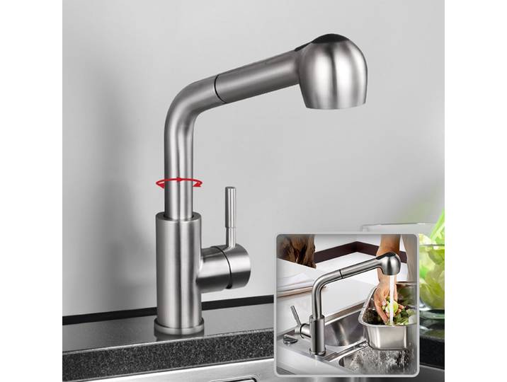 Robinet de cuisine extractible en acier inoxydable 304, robinet de lavabo d'eau mixte chaude et froide, robinet d'évier de cuisine rotatif en Nickel
