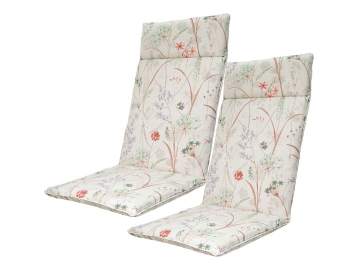 2er-Set Hochlehner-Auflage, Gartenstuhlkissen wasserabweisend, Blumenmuster weiss 120x50cm