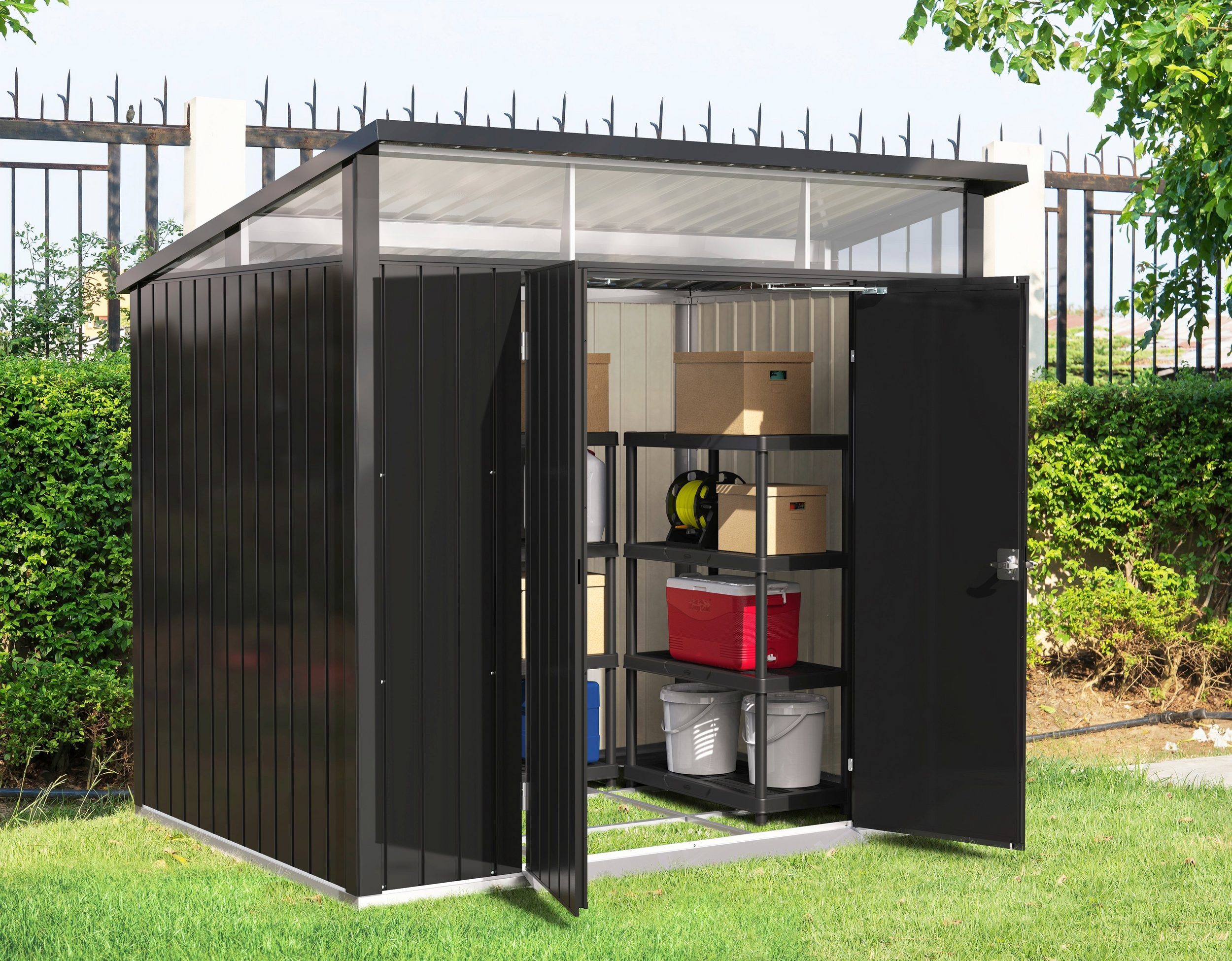 VCM Metall Gartenhaus 249x231 Geräteschuppen Garten Gerätehaus Flügeltür, H. 203 x B. 249 x T. 231 cm, Metall