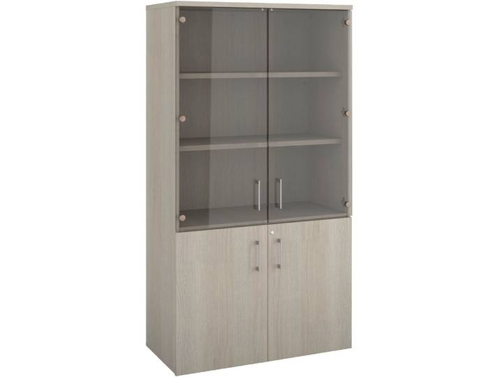 Bibliotheque bois avec portes hautes verre et portes basses bois h 182 x l 100 cm chêne gris - Bibliothèques - Bruneau