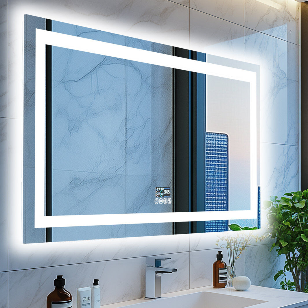 Ivy Bronx LED Lighted Wall Bathroom Mirror Dimming with Bluetooth Speaker, Front-lit and Backlight, Defog Silver 70 cm H x 140 cm W