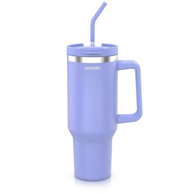 Arendo Thermobecher, Tumbler 1200 ml, Becher mit Deckel, Henkel und Strohhalm, Thermal Mug, lila