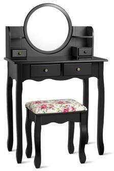 Costway Makeup Vanity Table Set Girls Dressing Table with Drawers Oval Mirror-Black