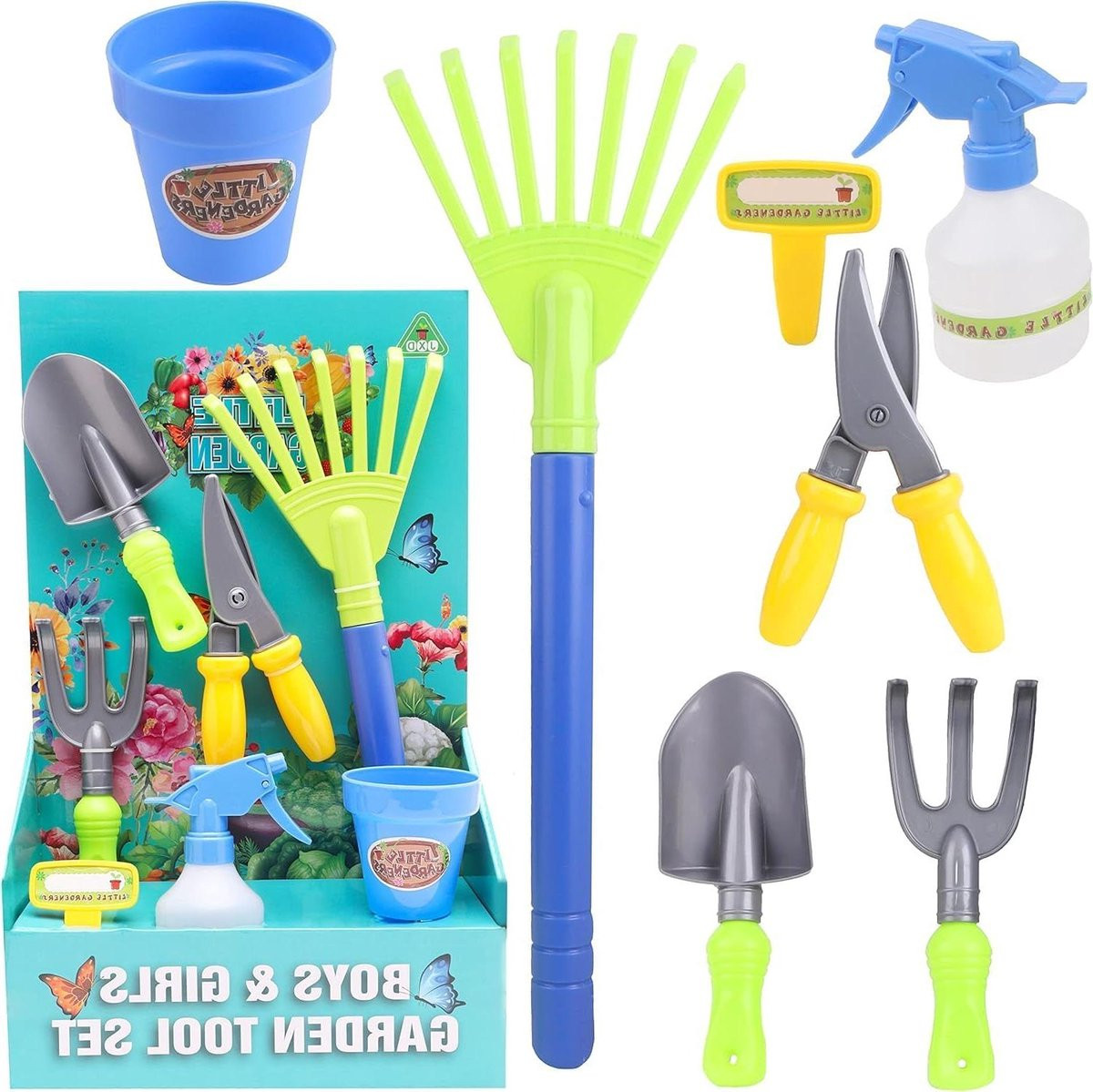 7-delige multicolor tuingereedschap set voor kinderen inclusief plantenpot