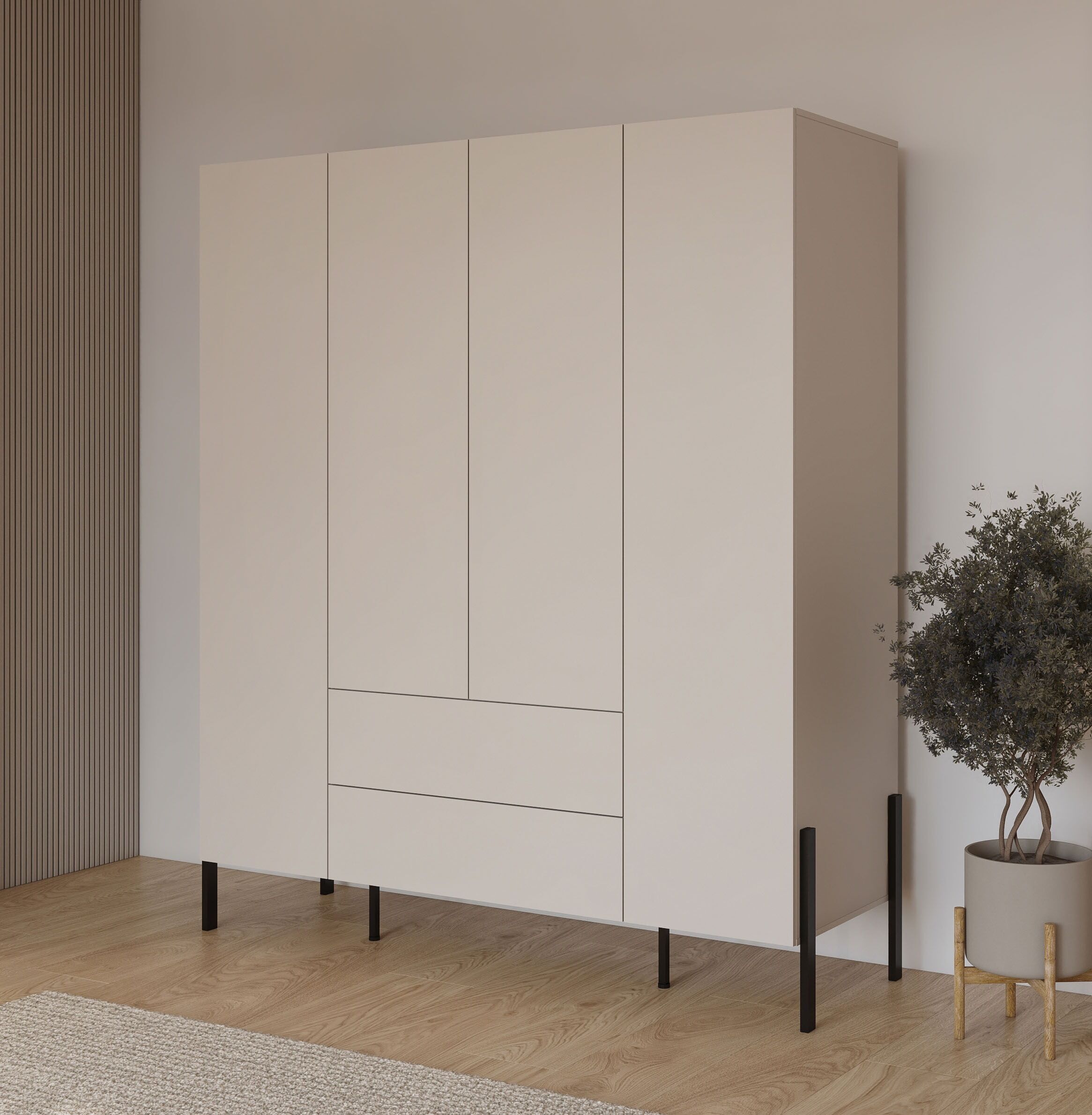 Kleiderschrank GOODPRODUCT "Jukon, moderner Kleiderschrank mit Metallfüssen", beige (kaschmir), B:180cm H:210cm T:59,5cm, FSC-zertifizierter Holzwerkstoff, Melamin, Metall, Schränke, Kleiderschrank, Drehtürenschrank 4 Türen/2 Schubkästen, push to open Fun
