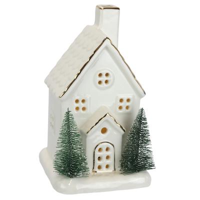 LED-Dekofigur I.GE.A. "LED-Haus", weiß, B:11cm H:20cm, Porzellan, Dekofiguren, Dekoobjekt LED batteriebetrieben Weiß Gold Weihnachtsdeko