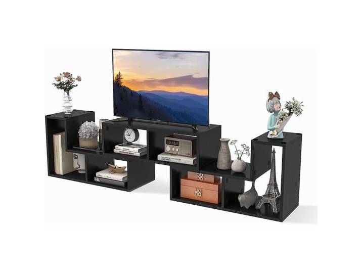 GYMAX 3 en 1 Meuble TV Ajustable avec Support Rectangulaire Meuble TV Compartiments Ouverts et Combinaison Libre Noir