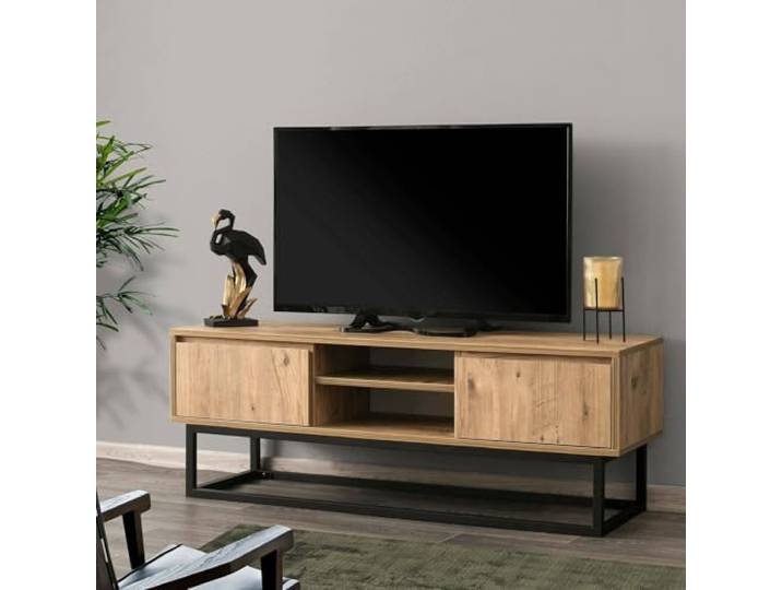 Dmora TV-Ständer Themis 140x40x50 cm Schwarz 2 Schubladen, 1 Regal