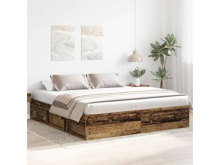 KTHLBRH Bettgestell 200 x 200 cm aus antikem Holz mit Stauraum Struktur aus Sperrholz und Kiefer massiv, Latten aus Sperrholz, Stauraum darunter