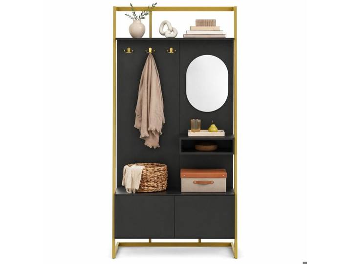 Garde-robe d'entrée – Portemanteau avec miroir intégré et crochets métalliques – Noir