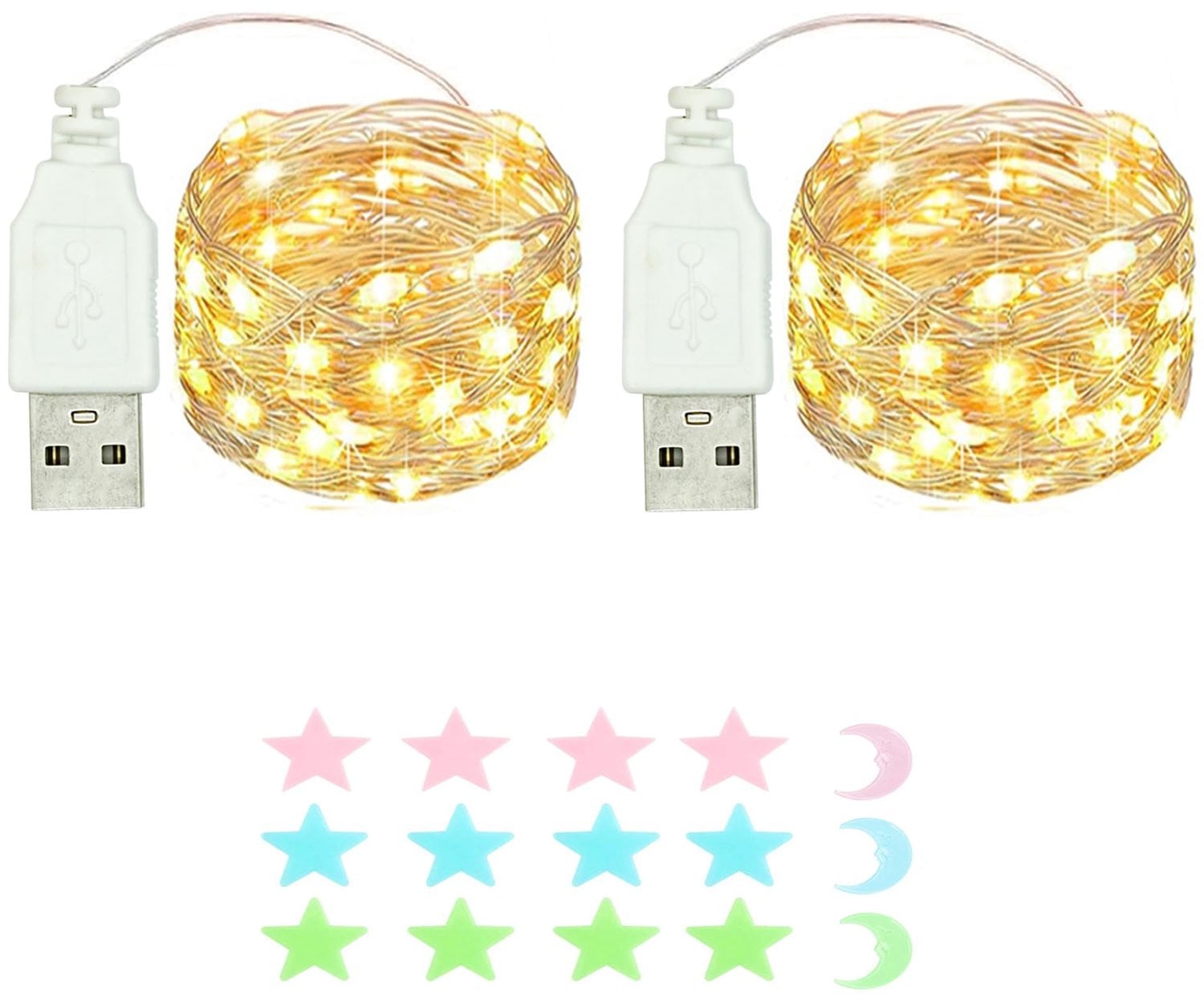 Set van 2 waterdichte LED-lichtslingers met USB-voeding, 2 meter, warm wit