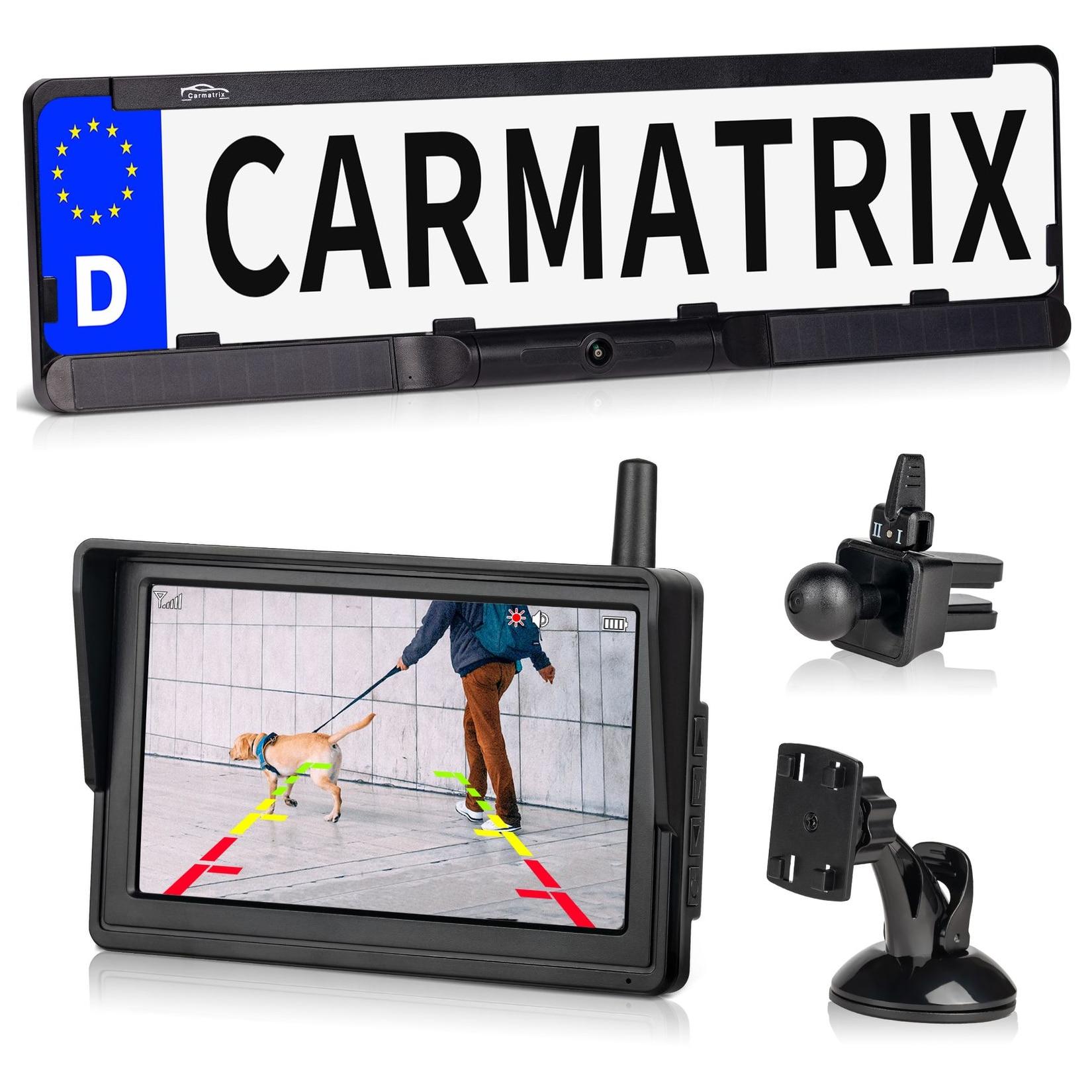 CARMATRIX HD Solar Funk Rückfahrkamera mit 5" Monitor Nummernschildkamera mit Solarpanel für vorne oder hinten