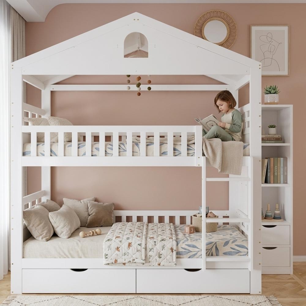 Etagenbett 90x200cm aus Holz in Weiß, Kinderbett im Hausbett-Design mit Leiter, 2 Schubladen und seitlichem Aufbewahrungsschrank