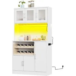 OKWISH Hochschrank MDF Weiß 100x40x180 cm mit RGB-LED, Steckdosenleiste, Weinregal und verstellbaren Einlegeböden