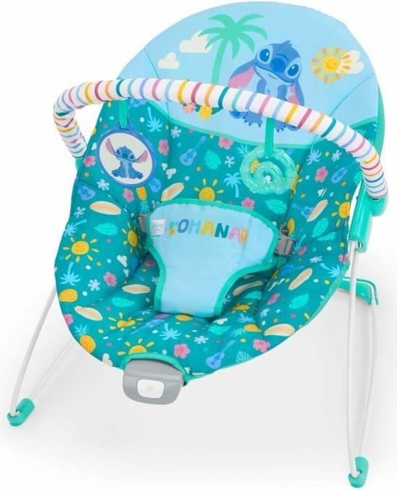 Bright Starts Disney Baby Stitch Babybouncer met boog en afneembare speelgoedjes en kalmerende trillingen