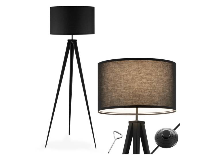 Lampadaire Lunaris, abat-jour en tissu, trépied - noir
