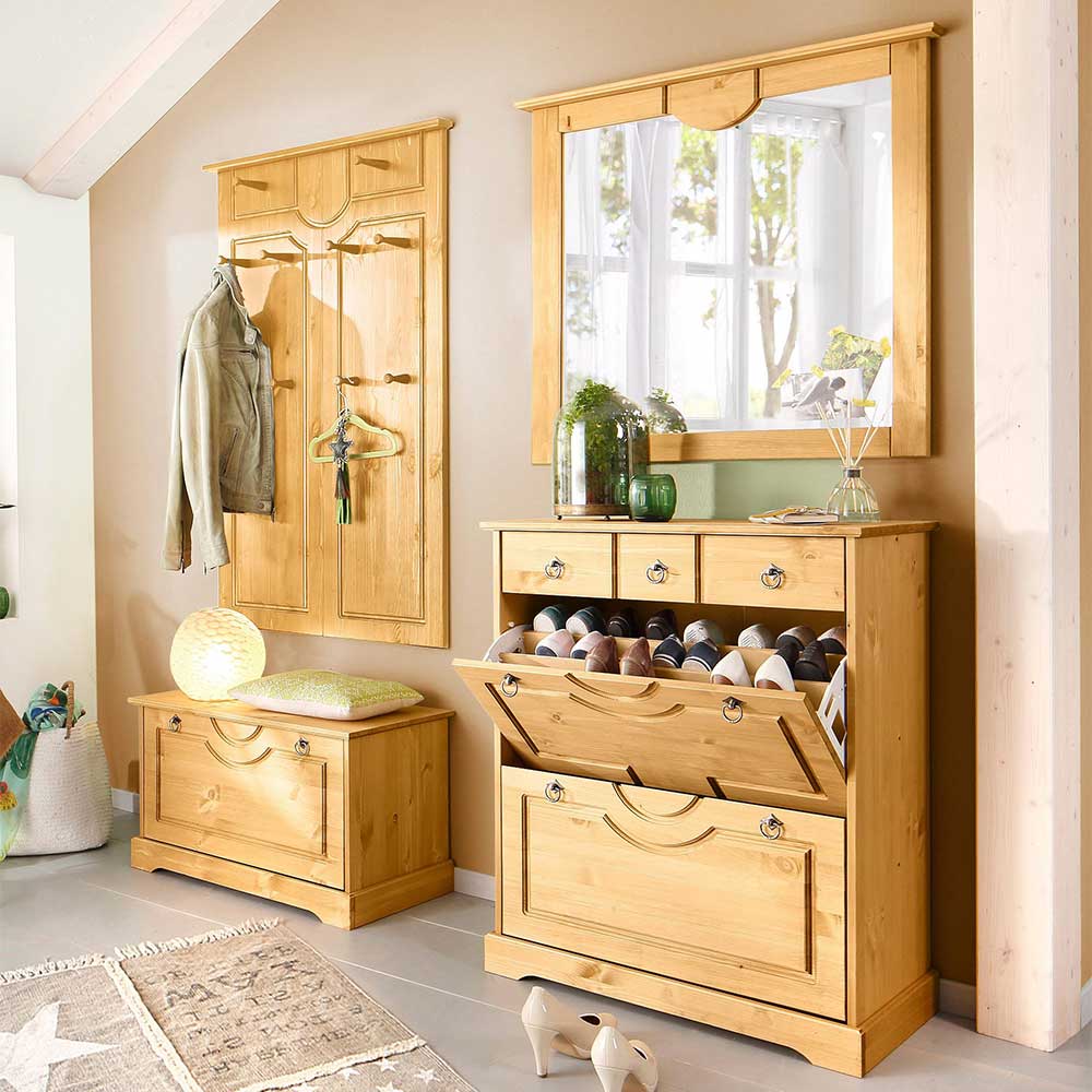 Pharao24.de Komplett Garderobe aus Kiefer Massivholz drei Schuhklappen (vierteilig)