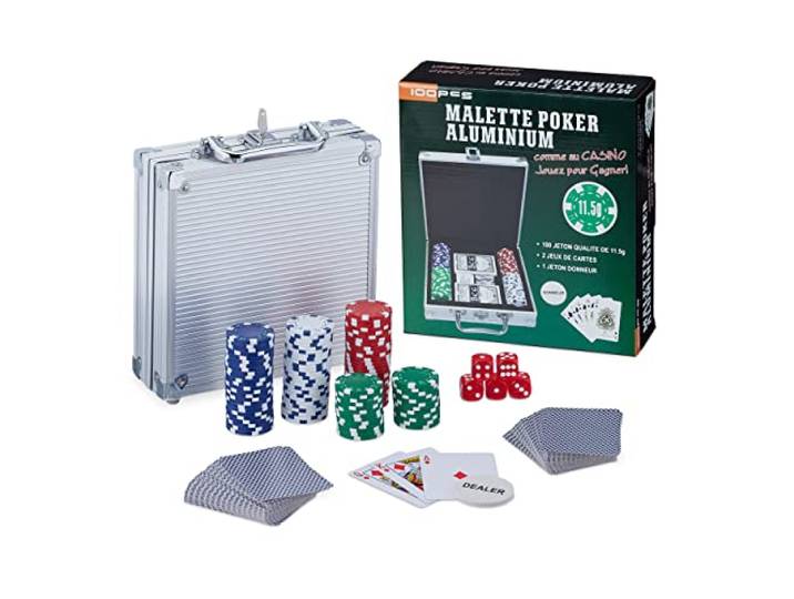 Relaxdays pokerset, 100 Chip zonder waarde, 2 kaartspelen, 5 dobbelstenen, Dealer-Button, afsluitbaar, zilver