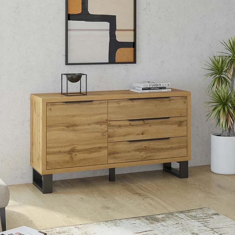 garneroarredamenti Credenza 144x83h cm 1 anta 3 cassetti moderna quercia nero Petra