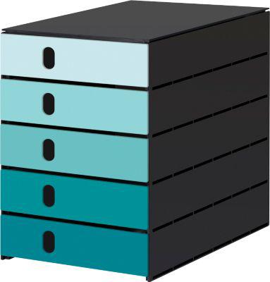 Schubladenbox Styro Styroval Pro Color Flow, für Formate bis C4, 5 geschlossene Schübe, 100 % Polystyrol-Regenerat, aqua/schwarz, Farbverlauf