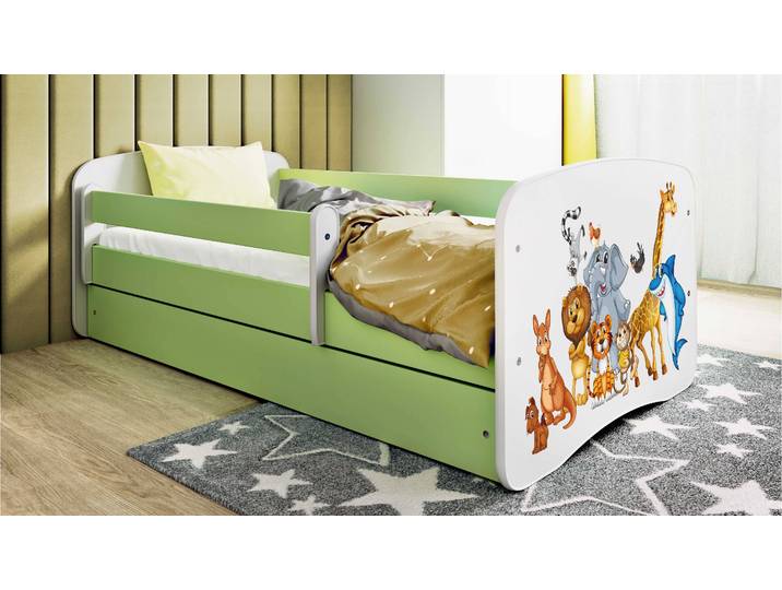 Einzelbett Buyo - Tiere 70 x 140cm mit Lattenrost Grün/Hellgrün