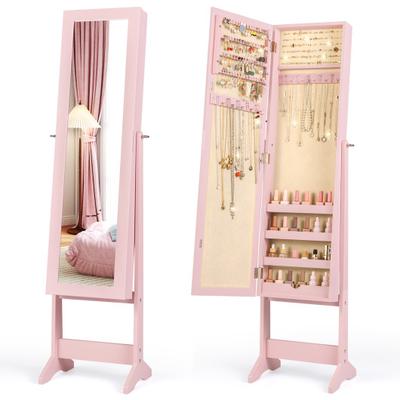 Costway Mirrored Standing Jewelry Cabinet Storage Box-Pink