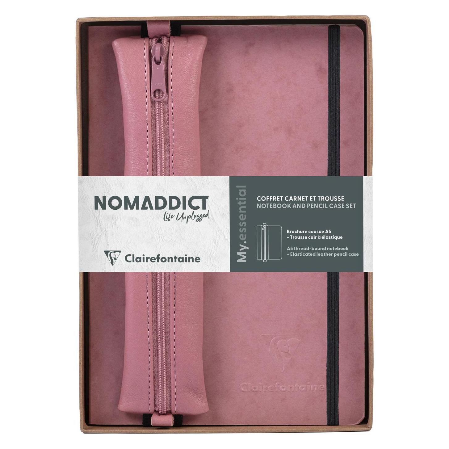 Clairefontaine Nomaddict, Set mit Notizbuch A5 My.essential DOT + Federmäppchen, rosa - Antikrosa (A5) (793437C)