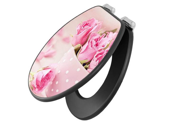 banjado WC-Sitz Anthrazit mit Absenkautomatik Motiv Tasse Voll Rosen (umweltfreundliches Material, integrierte Absenkautomatik), 46,5 x 38 x 5 cm