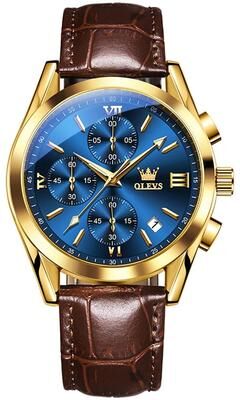 Everyday Crate OLEVS 2872 Mens Chronograph Watch Waterproof Quartz Watch With Genuine Leather Strap blue + Gold