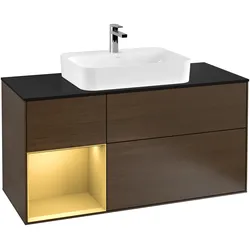 Villeroy & Boch Waschbeckenunterschrank Finion F41, Walnut Veneer mit Gold Matt Lacquer Regal, 1200x603x501 mm, mit Beleuchtung und SoftClosing