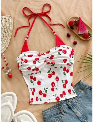 Universal Stock Cherry Bliss Halter Top For Women Color Block Summer Tank Top With Beaded Tie xl