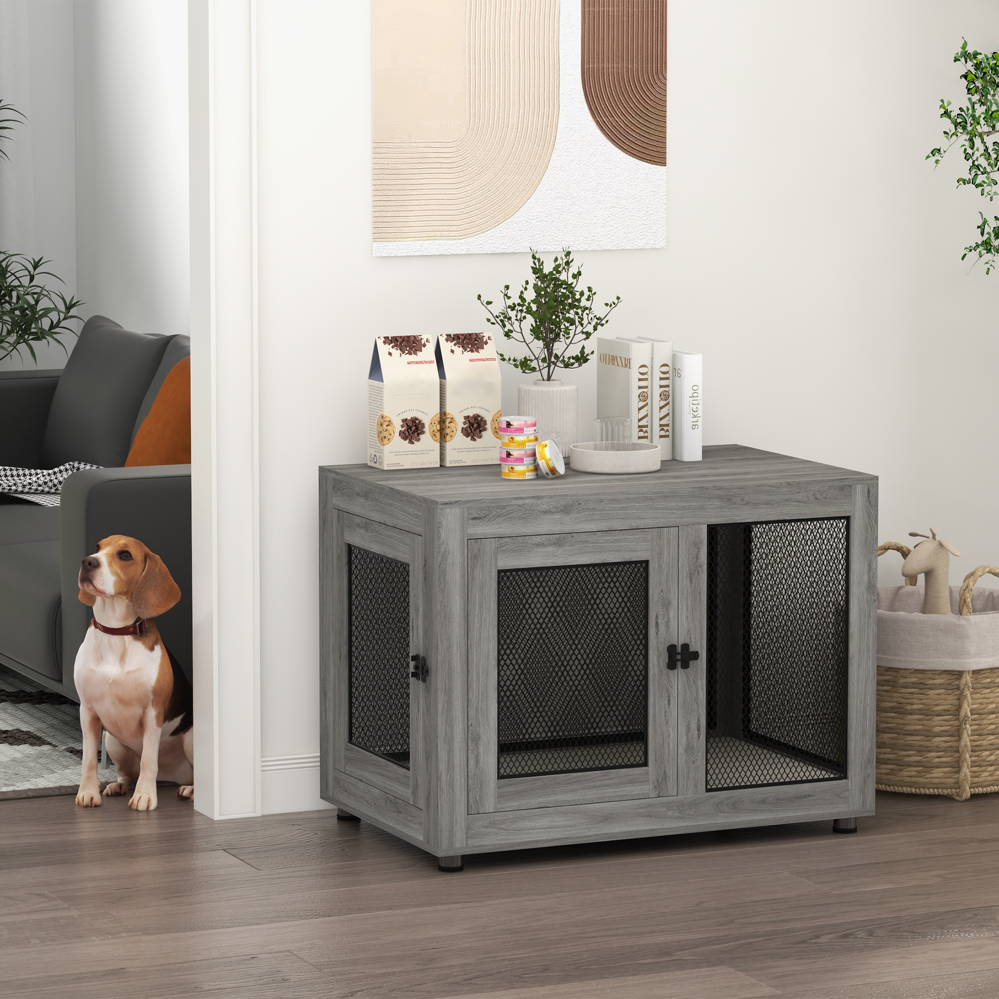 Pawhut Gabbia per Cani, Gabbia per Cuccioli, con Piano, Cuscino Idrorepellente, Griglie in Acciaio, Piedini Regolabili, 94x60x71,5 cm
